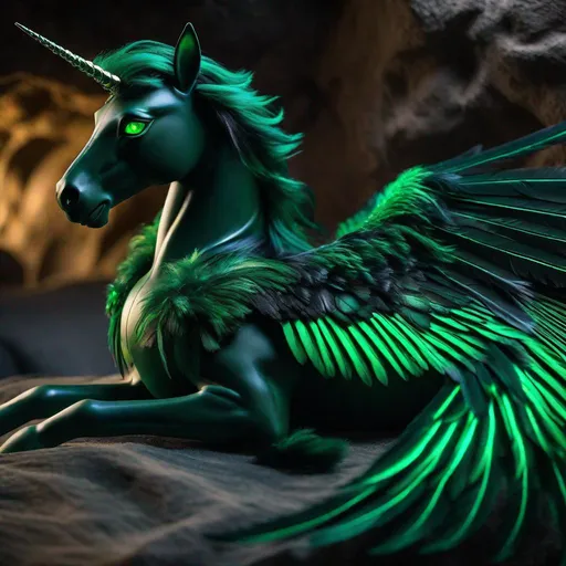 Prompt:  twisted pegasus animatronic hybrid, with focused emerald eyes. They identify as a Male. Emerald colored feathery wings and tail. dark Green ombre mane and tail. UHD, HD, 4K, green haze, green and black coat, lying down in a cave, asleep, resting, highly detailed