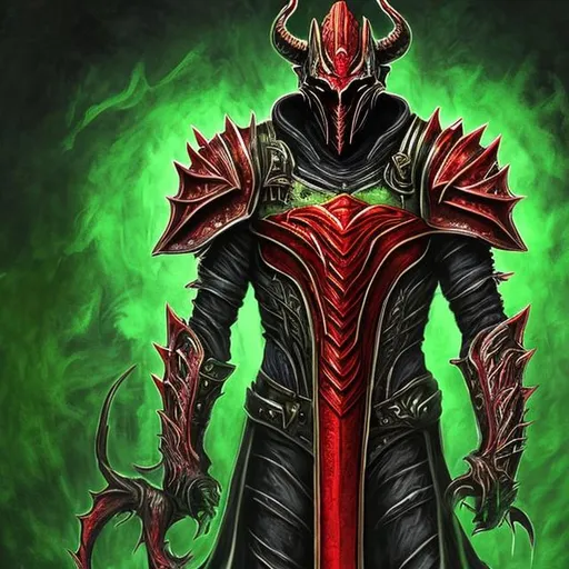 Prompt: 
daedric dremora,  30 year red armor, green fire background, elder scrolls art
