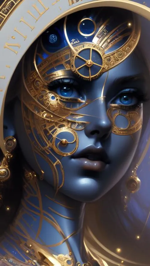 Prompt: the time goddess. She controls the time. stunning face. she is made of clock internal pieces.  Intricate metallic details. beautiful background. gerhartz, artgerm, rutkowski, van Gogh style 