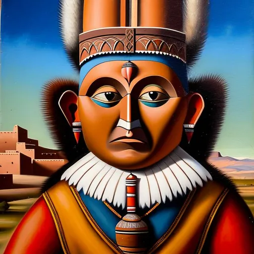 Prompt: Fine, Renaissance style oil painting of antique Zuni kachina 