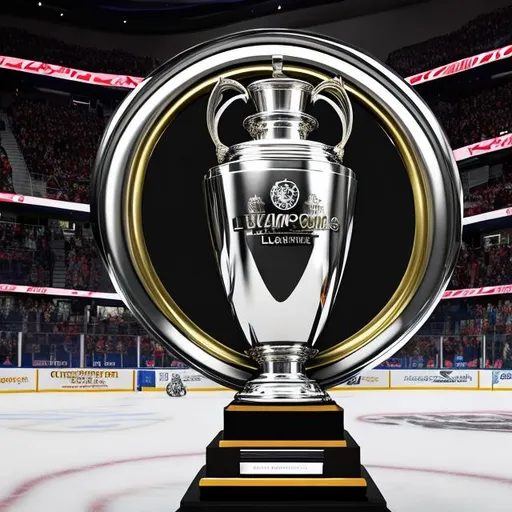 Prompt: A logo featuring a championship trophy with the words "EHM Champions League" engraved on it with hockey rink in the background. This symbolizes the ultimate goal of success in the league.
