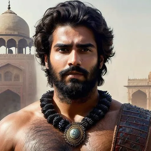 Prompt: scene of hyperreal delhi warrior with black hair and with rugged handsome young face, very hairy chest and armpits, arena, perfect composition, hyperrealistic, super detailed, 8k, high quality, trending art, trending on artstation, sharp focus, studio photo, intricate details, highly detailed, by greg rutkowski