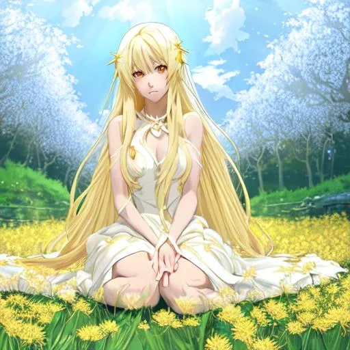 Prompt: anime-style light nymph, with creamy skin and golden eyes, long straight glowing blonde hair, and a youthful appearance, wearing a white and gold dress that glows and flows around her ankles, sitting in a field of dandelions 