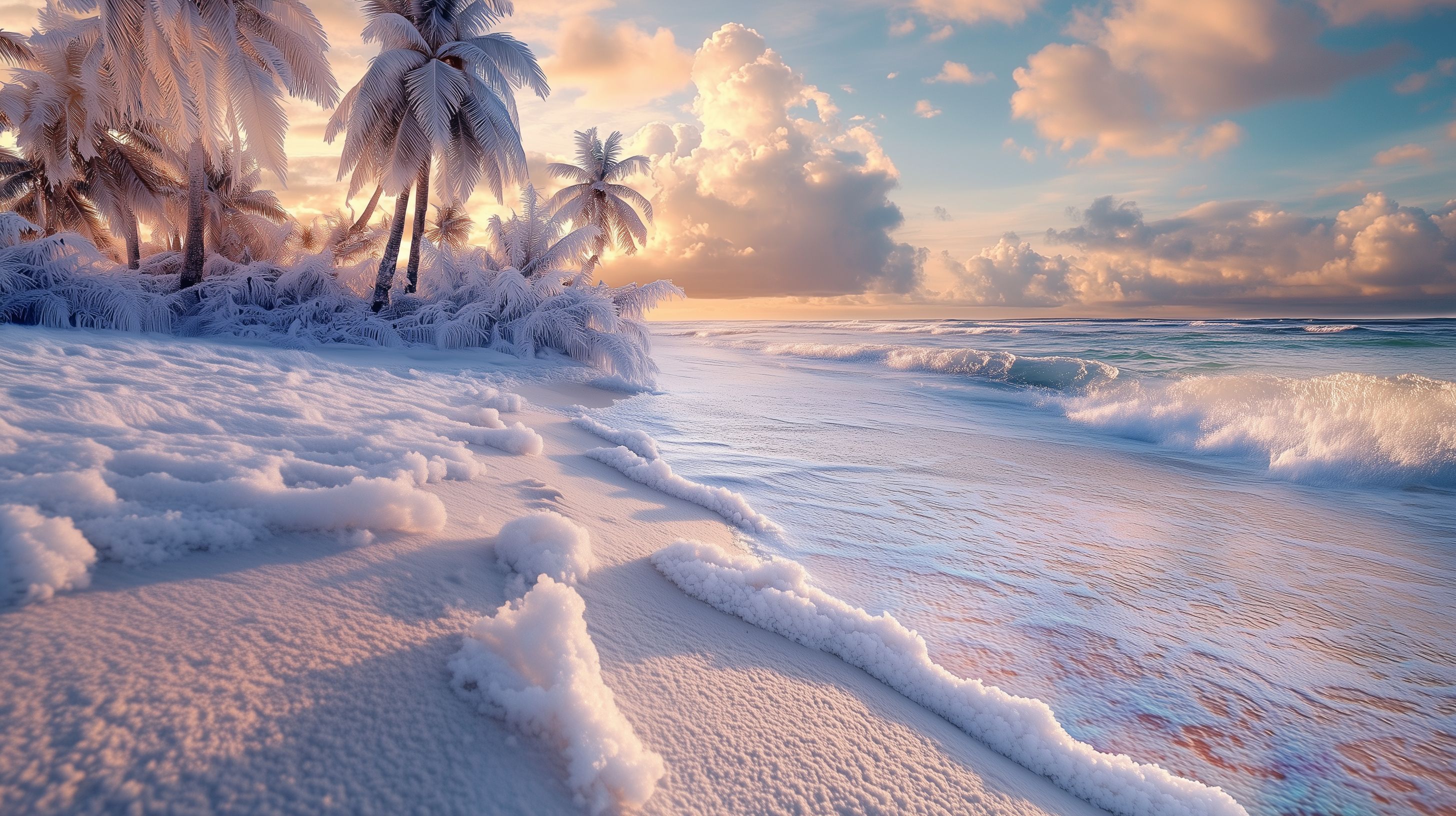 Prompt:  frozen tropical flora, photo realistic, nation geographic photo, a snowy sandy beach covered in white sand and snow frost, the ocean is sloshes onto the shore in a mix of ice and foam, tropical location frozen in ice, everything is beautiful, the ice has a rainbow tone to it, the sand looks like cut diamonds, frozen palm trees and frozen tropical flowers, winter paradise.