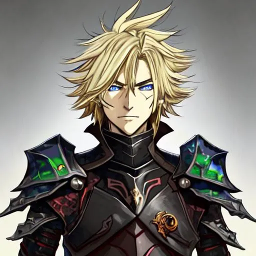 Prompt: E, a dragoon with an answer to everything, smirks a bit, as he remarks and answers. He fluctuates. The hair, from a blonde, black, brown, and red. His armored skin the same colors. His eyes, blue and green are added to the colors for the eyes, no red. Defined himself, by God and for God, existence itself even, and to Himself, for himself, to a tea. His is the letter. And to this letter the essence of everything. He makes sure of everything. 