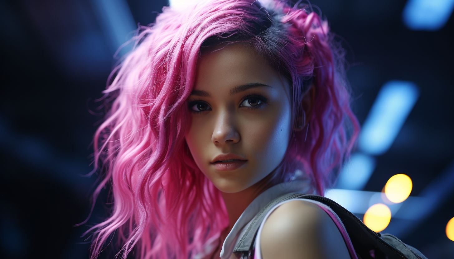 Prompt: jenna ortega with pink hair is wearing a white outfit, in the style of dot-painted colors, optical blending, steelpunk, 32k uhd, photographically detailed portraitures, dark yellow and dark pink, detailed facial features, electric color schemes