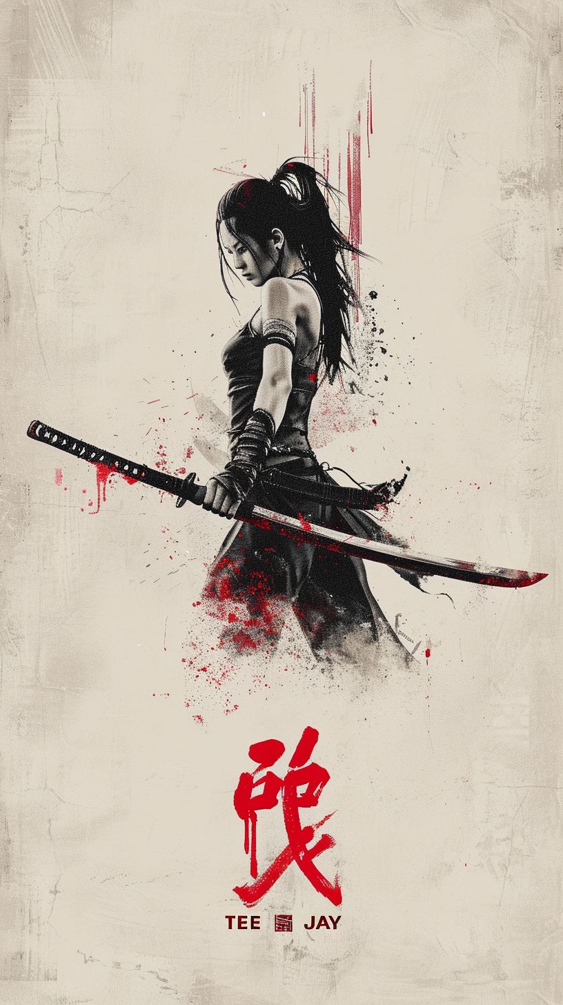 Prompt: minimalistic 3d chinese text logo "TEE JAY" chinese girl sword fighter