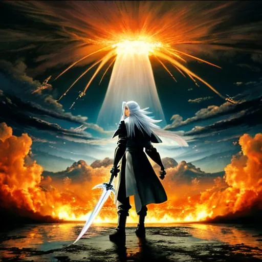 Prompt: Sephiroth standing in front of a nuclear explosion while smiling innocently