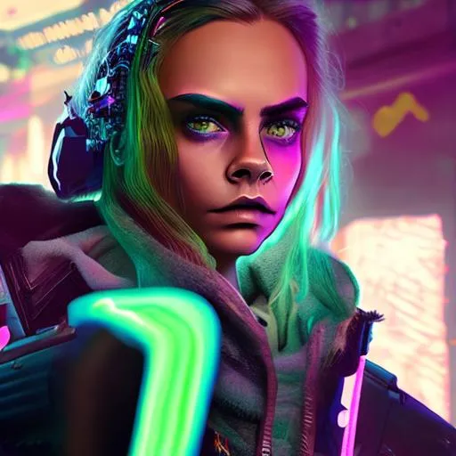 Prompt: Cara Delevingne cyberpunk netrunner glowing neon posing detailed 4k