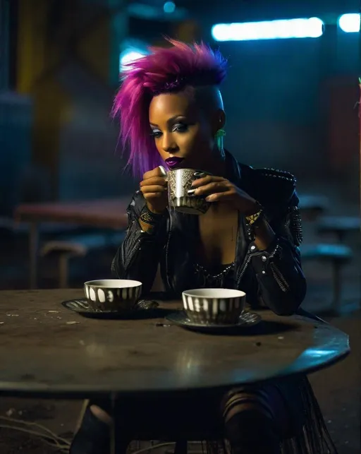 Prompt: A darkly beautiful woman in punk rock fairy attire sits alone at a table in an abandoned industrial wasteland, neon lights in the distance. She sips tea poured into a cracked cup. Shot at night with a 35mm lens on Lumix S5. Gritty, desolate, surreal.