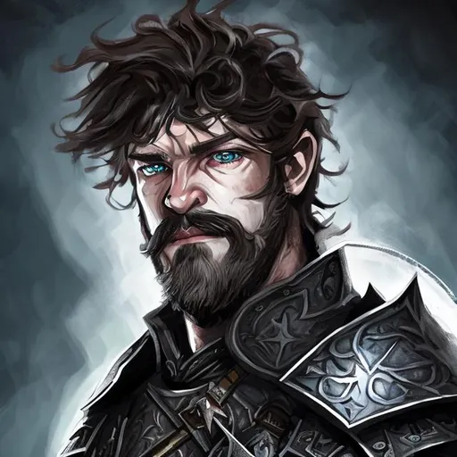 Prompt: High detail portrait, dungeons and dragons, fantasy, Oathbreaker paladin, jet black short and styled hair, trimmed goatee, Blue eyes, rugged, wielding a greatsword, in plate armor