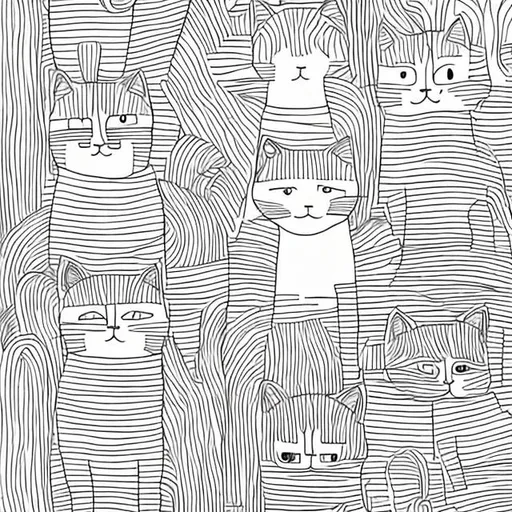 single line illustration of several cats