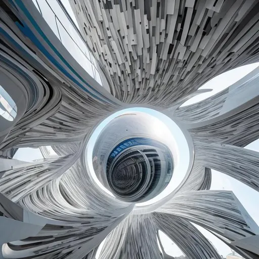 Prompt: Swirling modern buildings merge into circular sphere ball