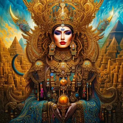 Prompt: Insanely detailed oil painting of an elaborate and enigmatic "animal queen", beautiful woman with "glowing heart" ; an intricate and dramatic painting by Huang Guangjian, Steven DaLuz; fantasy art, fine art, sun rays,  sun and moon in the sky, sienna, turquoise, gold, standing before the pyramid of giza,  visual embodiment of emotionally and psychological enlightment and love