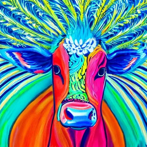 Prompt: A bright, vibrant, dynamic, spirited, vivid painting of a dairy cow with peacock pattern. 