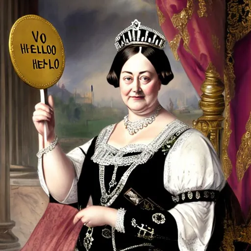 Prompt: Loud laughing awkward Queen Victoria holding sign with "Hello"
