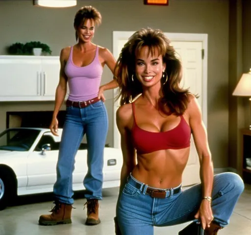 Prompt: still frame, 1990s movie, pretty debbe dunning, wearing work boots, smiling, holding wrench behind back