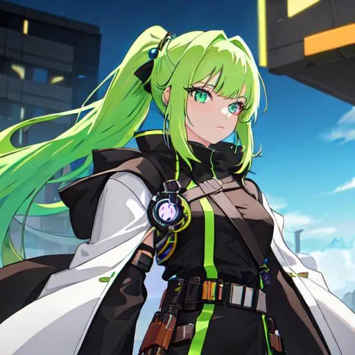 Prompt: She has a long, distinctive neon-green that fades to neon-blue hair in a ponytail, heterochromia eyes, symmetrical, anime wide eyes, as a bounty hunter, long brown cloak, western bounty hunter
