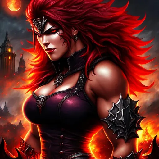 Prompt: short blood crimson hair, full body visible, awe-inspiring evil goddess, muscles, beautiful androgynous face, vicious, monstrous hellscape background, photorealistic