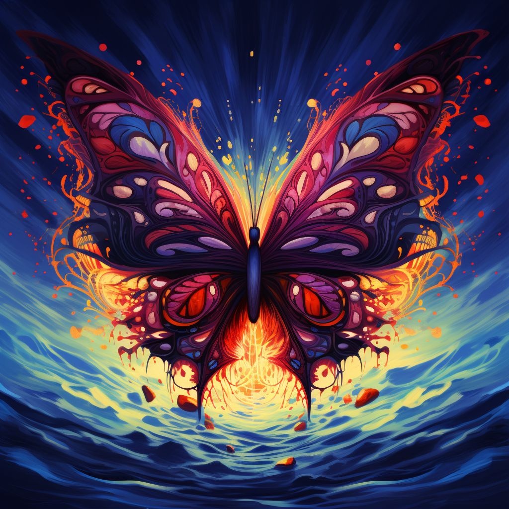 Prompt: a creative fractal illustration of a colorful butterfly, in the style of cyril rolando, vivid energy explosions, psychedelic illustration, chris dyer, intense emotional atmosphere, luminosity of water, dark crimson and yellow