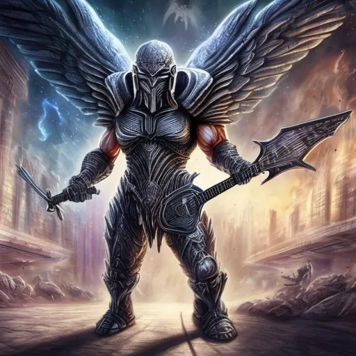 Prompt: Bodybuilding Assyrian Winged armored warrior playing guitar for tips in a busy alien mall, widescreen, infinity vanishing point, galaxy background