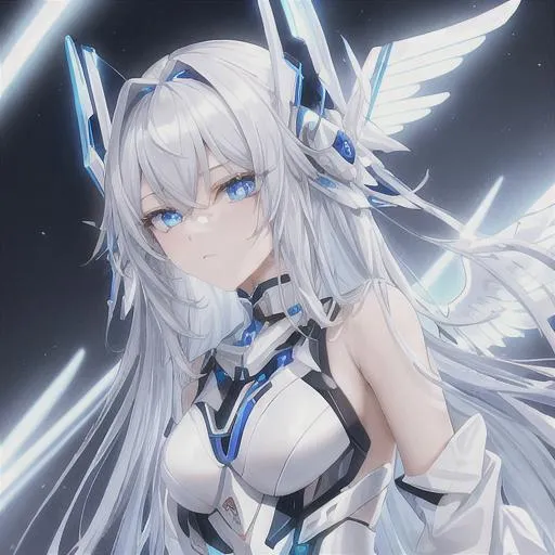 Prompt: Cybernetic angel with a humanoid appearance and feminine features, possessing metallic wings and a sleek white and silver exoskeleton, emitting a soft blue aura of light from its body and eyes. wearing japanese themed streetwear. blue eyes