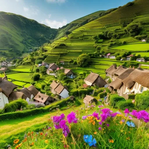 Prompt:  an image of a charming, tranquil village nestled in a valley surrounded by rolling green hills.
Show quaint cottages with thatched roofs, cobblestone pathways, and colorful wildflowers in the foreground.
The village should be bathed in the soft glow of a sunny morning