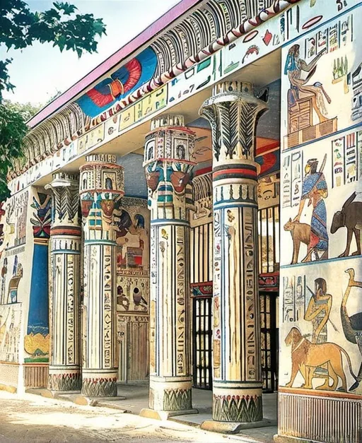 Prompt: a building with many different paintings on it's side wall and columns with Face of Hathor, highly intricate, egyptian art High Preist shirtiness stands in front 