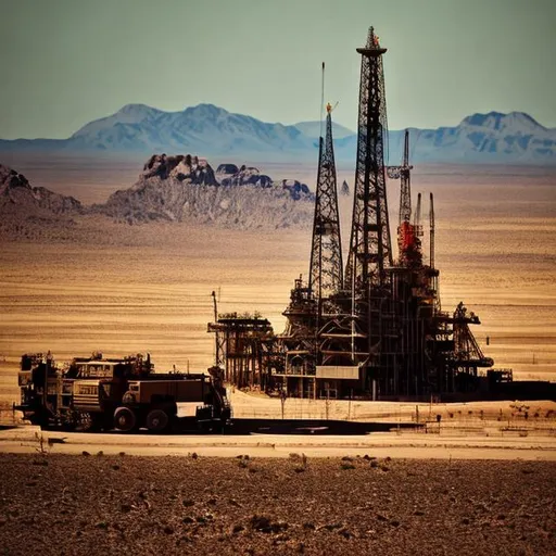 Prompt: oil rig, tall, desert, mountain, military
