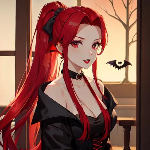 Prompt: Haley with bright red hair pulled back, Halloween, dressed up as a vampire