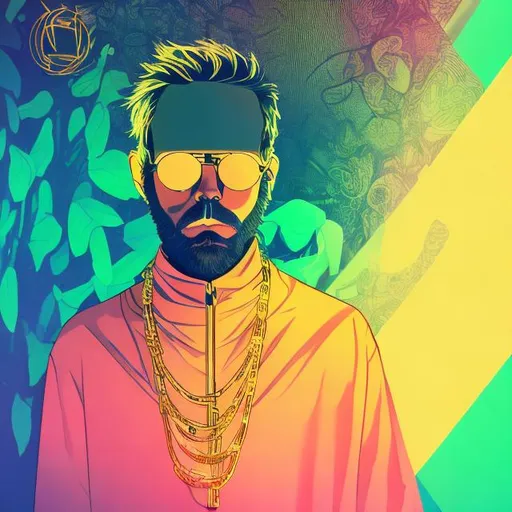 Prompt: Sven, DJ, Swedish, Blonde, Beard, house plants, sunglasses, pancho, turtleneck, anime, poster, psychedelic colors, Danish modern house, desktop background, gold chain, deep house music, trippy, baroque, victorian