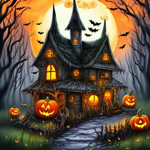 Prompt: Halloween  forest with witch painting house 