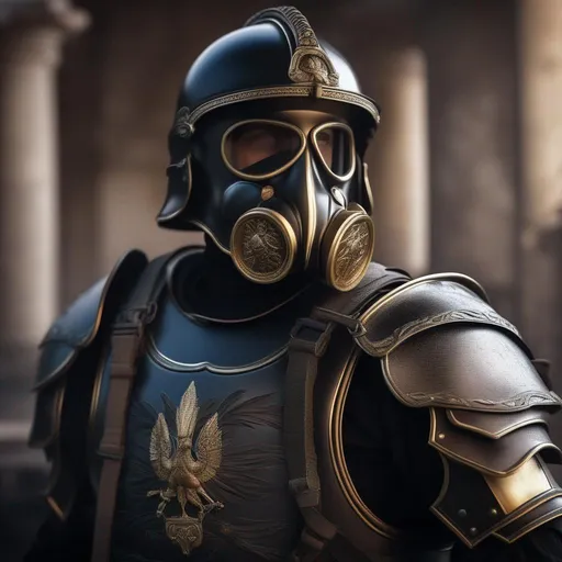 Prompt: A modern roman military male in black military armor galea helmet of roman armor, and gas mask, background war battle, Hyperrealistic, sharp focus, Professional, UHD, HDR, 8K, Render, electronic, dramatic, vivid, pressure, stress, nervous vibe, loud, tension, traumatic, dark, cataclysmic, violent, fighting, Epic