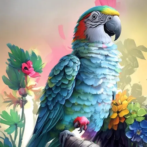 Prompt: Paint, a Parrot surrounded with flowers, concept art