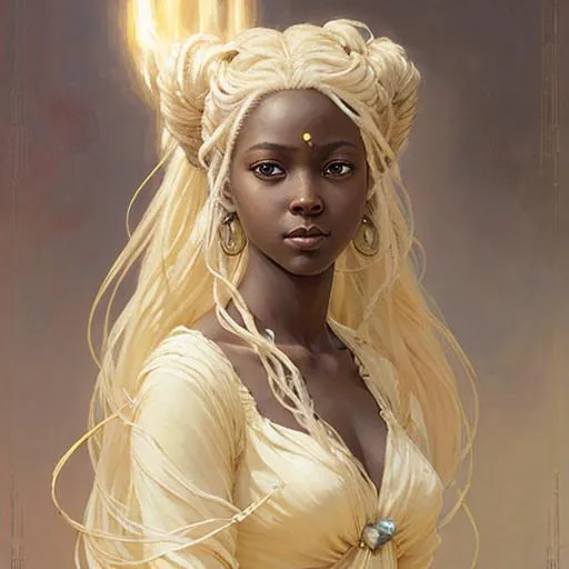 Prompt: Light element goddess,  dark skin, young, flowing pale yellow hair, flowing dress, perfect features, extremely detailed, realistic. Krenz Cushart + loish +gaston bussiere +craig mullins, j. c. leyendecker +Artgerm, oil painting texture oil painting effect Krenz Cushart + loish +gaston bussiere +craig mullins, j. c. leyendecker +Artgerm, oil painting texture. 