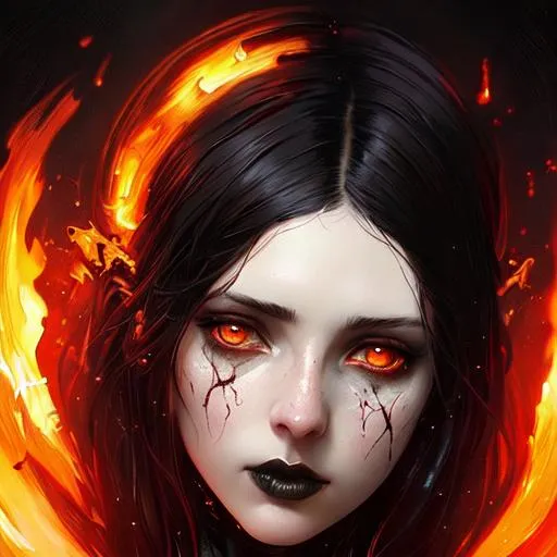 Prompt: Face Portrait of a pretty pale dark haired girl standing in fire, beautiful detailed black eyes, deep and rich colors, gothic, fire glow, sensual, Hyperdetailed Painting By Ismail_Inceoglu Tom Bagshaw Dan Witz CGSociety ZBrush Central Fantasy Art 8K, anime Character Design, Unreal Engine, Vintage Photography, Beautiful, Tumblr Aesthetic, Retro Vintage Style, Hd Photography, Hyperrealism, Beautiful Watercolor Painting, Realistic, Detailed, Painting By Olga Shvartsur, Svetlana Novikova, Fine Art, Soft Watercolor