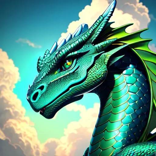 Prompt: a face shot of a beautiful green dragon with an intelligent face looking at clouds with bright turquoise eyes, very glossy and shiny, reflective, symmetrical, perfect composition, hyperrealistic, super detailed, 8k, high quality, trending art, trending on artstation, sharp focus, studio photo, intricate details, highly detailed, Trending on Artstation, Cozy wallpaper, Pastel colors, soft lighting