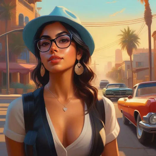 Prompt: Nerdy Latina girl in GTA, cartoony, sunny atmosphere, extremely detailed painting by Greg Rutkowski and by Henry Justice Ford and by Steve Henderson