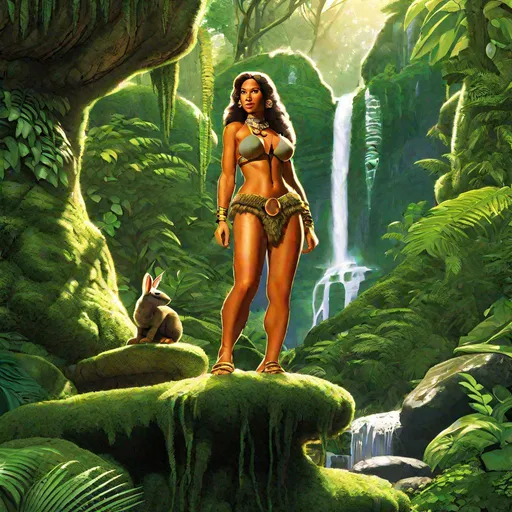 Prompt: A Jungle Cavewoman wearing a Playboy Bunny suit made of Mammoth leothard stands confidently on a moss-covered stone pedestal in the heart of a lush rainforest. Sunlight filters through the dense foliage, casting a warm dappled glow on her figure. Vines snake around her feet, intertwining with her bare toes. Behind her, a cascading waterfall plunges into a crystal-clear pool, creating a mesmerizing spectacle. The air is thick with sounds of chirping birds, buzzing insects, and rustling leaves. In the distance, towering ancient trees stretch towards the sky, their gnarled branches reaching out with an air of mystique. The cavewoman's eyes are fierce, reflecting determination and a connection with the primal. Deep in the jungle, she exudes both wildness and sensuality in a harmonious blend.