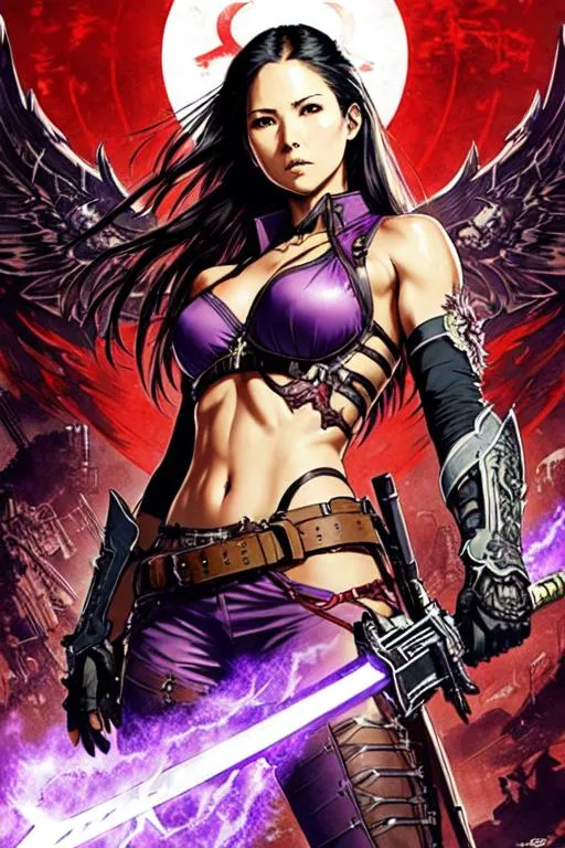 Prompt: Devil May Cry Art (((Yoji Shinkawa))), sticker of ultra detailed portrait of Olivia Munn in detailed purple heavy samurai armor, high quality cell shaded illustration in post apocalyptic style by Yoji Shinkawa, ((full body)), dynamic pose, perfect anatomy, centered, freedom, soul, black long hair,tan skin approach to perfection, cell shading, 4k , cinematic dramatic atmosphere, watercolor painting, global illumination, detailed and intricate environment, artstation, concept art, fluid and sharp focus, volumetric lighting, cinematic lighting, Art by Ilya Kuvshinov
