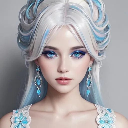 Prompt: A beautiful woman, white hair with pastel highlights, blue eyes, blue eyeshadow, blue jewels on forehead