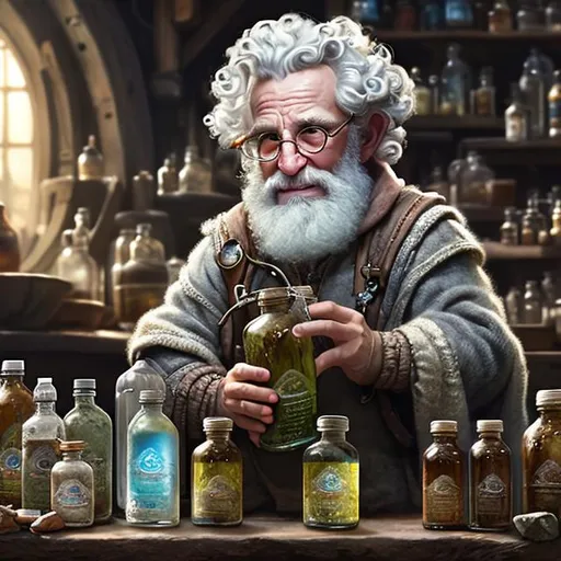 Prompt: elderly male gnomish alchemist, grey bouffant curly hair, holding bottles, workshop background, by Wayne Reynolds
