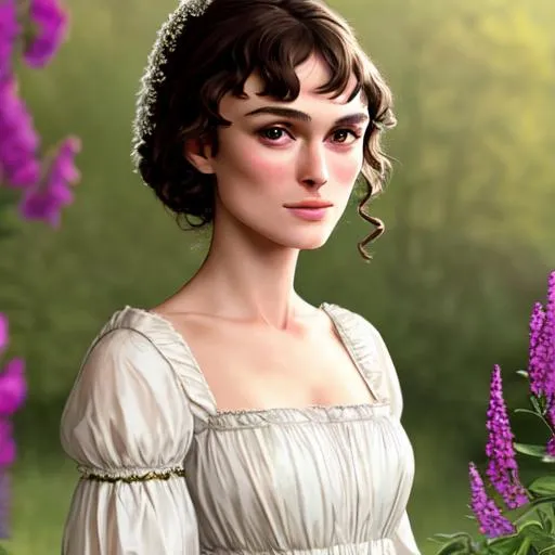 Prompt: Keira Knightly as Elizabeth Bennet from Pride and Prejudice, Elegant, 18th century white  ball dress, elegant dark hair, brown eyes, 21 year old, beautiful girl with a background of wildflowers, closeup