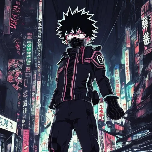 Prompt: Black and neon. Accurate my hero academia todoroki masked as villain. Very Dark image with lots of shadows. Background partially destroyed neo Tokyo. Noir anime. Gritty. Dirty. Visceral. Evil eyes.