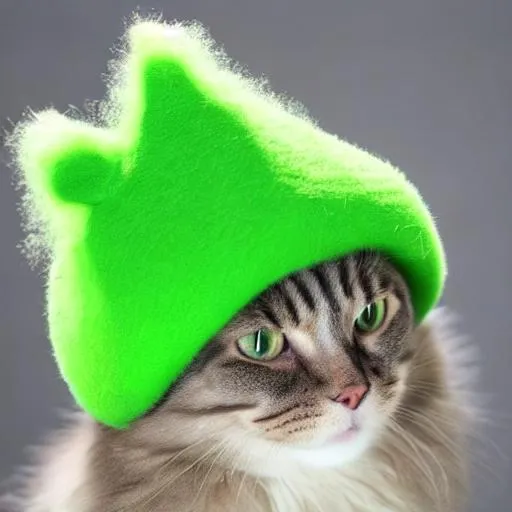 Prompt: fluffy cat with a green hat