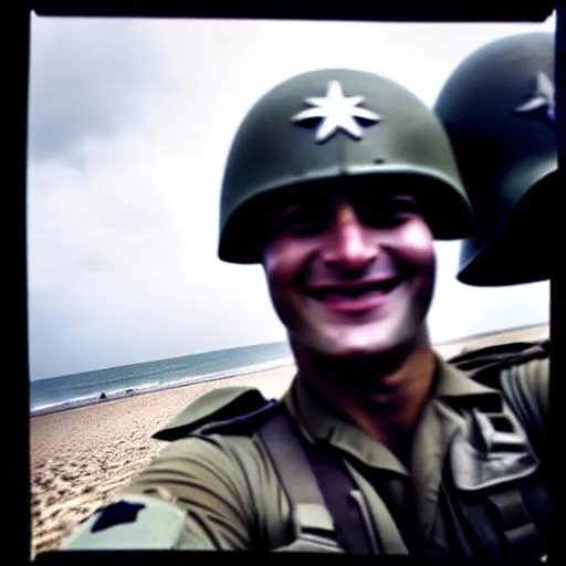 Prompt: A selfie of a soldier in WW2 on D-day beach


