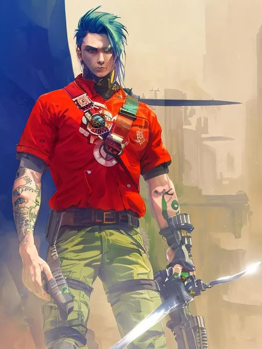 Prompt: Cyberpunk male with tattoos, strong apocalyptic, swords, guns, axes, anatomical, dark, gothic, mech, hazardous waste, green, blue, orange, emo, trees