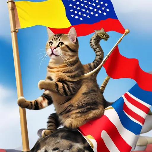 Prompt: Cat with flag riding dragon