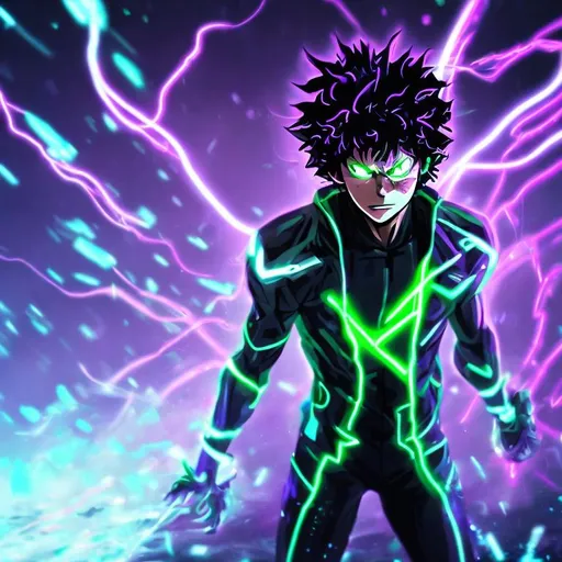 Prompt: Long exposure. Purple neon background. Green neon lightning. Sci-Fi anime and splash. Vigilante deku