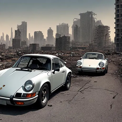 Prompt: 1970 Porsche 911 driving through a dystopian, abandoned city in late afternoon. The city built in a sprawling mix of massive concrete and steel construction.